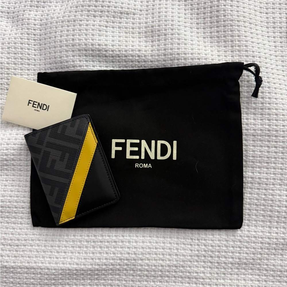 Fendi Black FF Bifold Wallet with Yellow Diagonal Stripe